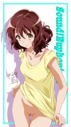  1girl blush border bottomless bra bra_strap breasts brown_eyes brown_hair cleft_of_venus copyright_name cowboy_shot dated female_focus hibike!_euphonium highres looking_at_viewer nii_manabu nude_filter oumae_kumiko outside_border pussy shirt short_hair short_sleeves signature simple_background smile solo standing third-party_edit uncensored underwear white_background yellow_shirt  rating:Explicit score:78 user:sytalidis
