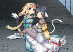  2girls ainu_clothes animal_ears bdsm black_hair black_tail blonde_hair bodysuit bondage bound bound_ankles bound_together bound_wrists breasts cat_tail character_request crossed_ankles cuffs dungeon feet haimei1980 hair_ornament hair_rings heads_together highres japanese_clothes kuon_(utawarerumono) leg_lock light_smile long_hair looking_at_viewer low_ponytail medium_hair multiple_girls on_floor orange_eyes see-through shackles siblings sisters sitting sitting_on_person small_breasts soles stirrup_legwear stone_floor tabi tail toeless_legwear utawarerumono utawarerumono:_lost_flag yellow_eyes 