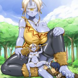 1boy 2girls armband barefoot blonde_hair blue_skin blue_sky blush bracelet breasts breasts_on_lap cleavage cloud club_(weapon) colored_skin cyclops forest giant giantess horns huge_breasts jewelry loli mature_female monster_girl mother_and_daughter multiple_giantesses multiple_girls nature necklace one-eyed outdoors pointy_ears sandals see-through single_horn sitting sky tetsuwan_woopie thighhighs tree weapon yellow_eyes rating:Questionable score:243 user:Juni221