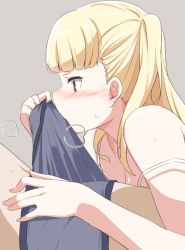 1boy 1girl bare_shoulders blonde_hair blunt_bangs blush boxer_briefs breasts breath bulge cleavage erection erection_under_clothes fellatio fellatio_over_clothes from_side hetero kichihachi long_hair male_underwear oral red_eyes small_breasts strap_slip sweat tokyo_7th_sisters two_side_up uesugi_u._kyouko underwear rating:Explicit score:151 user:danbooru