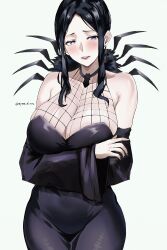  1girl absurdres arachne_gorgon bare_shoulders black_dress black_hair black_nails blush breasts cleavage commentary commission cowboy_shot crossed_arms dress english_commentary highres huge_breasts long_sleeves looking_at_viewer mymzi nail_polish parted_lips purple_eyes sidelocks simple_background solo soul_eater spider_earrings twitter_username wide_sleeves  rating:Sensitive score:16 user:danbooru