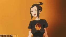 1girl animated avatar:_the_last_airbender avatar_legends azula black_hair black_shirt bouncing_breasts breasts breasts_apart brown_eyes commentary covered_erect_nipples flou_(flou_art) gradient_background hair_bun jiggle large_breasts light_smile lips lipstick looking_at_viewer makeup no_bra orange_background shirt short_hair single_hair_bun skirt solo  rating:Questionable score:444 user:danbooru
