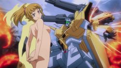 10s 1girl action ass blonde_hair breasts cloud explosion from_behind gun gundam gundam_build_fighters gundam_build_fighters_try hands_behind hoshino_fumina interlocked_fingers looking_at_viewer looking_back mecha nude nude_filter outdoors robot smile solo standing third-party_edit tree weapon rating:Explicit score:18 user:laikakitjj