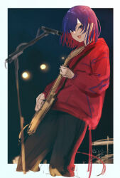  1girl adapted_costume black_background black_pants blue_eyes blue_hair border colored_inner_hair cropped_legs cymbals floating_hair guitar highres holding holding_guitar holding_instrument hood hood_down hoodie instrument isshiki_(ffmania7) kamitsubaki_studio leaning_back long_sleeves looking_at_viewer medium_hair microphone_stand multicolored_eyes multicolored_hair music open_mouth outside_border pants playing_guitar playing_instrument red_eyes red_hair red_hoodie rim_(kamitsubaki_studio) sidelighting signature smile solo stage_lights standing virtual_youtuber white_border 