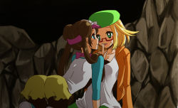 2girls arched_back bianca_(pokemon) blonde_hair blouse blue_eyes blush breasts bright_pupils brown_hair cave cleavage commentary_request creatures_(company) double_bun female_focus finger_to_another&#039;s_mouth game_freak glasses green_eyes green_hat hair_bun hat iwashiro_byou jacket long_hair medium_hair multiple_girls nintendo open_mouth pantyhose pantyhose_under_shorts pokemon pokemon_bw2 red-framed_eyewear rosa_(pokemon) shirt shorts smile white_shirt yuri