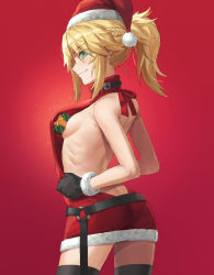  1girl arched_back ass back bare_arms bare_shoulders belt blonde_hair box braid breasts fate/apocrypha fate_(series) from_side gift gift_box green_eyes grin hat highres long_hair looking_at_viewer looking_to_the_side meme_attire mordred_(fate) mordred_(fate/apocrypha) ponytail profile red_background red_sweater revision santa_hat sideboob simple_background small_breasts smile solo sweater teeth thighs tonee virgin_killer_sweater  rating:Questionable score:42 user:danbooru