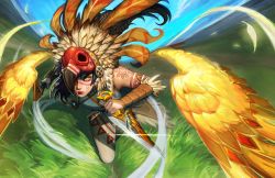 1girl air_current akali alternate_costume arm_tattoo black_hair blurry blurry_background charging_forward dagger dual_wielding eyeshadow facial_tattoo feathered_wings feathers field fringe_trim grass headdress highres holding holding_weapon incoming_attack jewelry joseph_kim knife league_of_legends lipstick looking_at_viewer makeup motion_blur necklace orange_eyes outdoors pendant red_lips running serious sky sleeveless tattoo tribal weapon wings wrist_wrap yellow_eyes rating:Sensitive score:4 user:danbooru