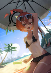  1girl :d absurdres arm_behind_head arm_up armpits beach bikini bikini_skirt black_bikini black_halo black_nails blue_archive blush braid breasts commentary_request day earrings eyewear_on_head fang food from_below full_body hair_between_eyes halo hape highres hip_focus holding holding_food holding_popsicle hot jewelry looking_at_viewer looking_down medium_hair melting millennium_science_school_logo mole mole_under_eye nail_polish navel neru_(blue_archive) ocean open_mouth orange_hair outdoors palm_tree petite popsicle red_eyes red_nails single_braid small_breasts smile solo stomach sunglasses swimsuit tan tanline thighs tree 