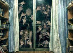  6+girls :d black_hair black_panties blonde_hair book bookshelf clothing_cutout curtains fate/grand_order fate_(series) garter_straps glass_door hair_over_eyes hand_on_glass horror_(theme) jack_the_ripper_(fate/apocrypha) kneeling leaf long_hair mash_kyrielight multiple_girls navel_cutout night open_mouth panties railing scathach_(fate) scathach_skadi_(fate) sleeveless sliding_doors smile standing t0da thighhighs underwear wooden_floor 