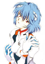  1990s_(style) animage ayanami_rei blue_hair commentary english_commentary gloves headgear honda_takeshi looking_at_viewer magazine_scan neon_genesis_evangelion plugsuit red_eyes retro_artstyle scan science_fiction traditional_media white_background 