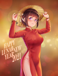  1girl absurdres anh_thuy vietnamese_dress blush bob_cut bracelet breasts brown_hair china_dress chinese_clothes darun_khanchanusthiti dress glasses happy_new_year hat highres holding holding_clothes holding_hat jewelry looking_at_viewer nengajou new_year original purple_eyes red_dress short_hair solo straw_hat vietnam vietnamese_dress vietnamese_text watch wristwatch 