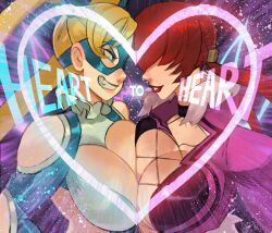  2girls alex_ahad blonde_hair breast_press breasts capcom cleavage cleavage_cutout clothing_cutout crossover elbow_cutout grin hair_over_eyes heart heart_cutout laces large_breasts lips mask multiple_girls rainbow_mika red_hair revealing_clothes shermie_(kof) shoulder_cutout smile snk street_fighter street_fighter_v symmetrical_docking the_king_of_fighters the_king_of_fighters_xv upper_body wrestling_mask wrestling_outfit  rating:Sensitive score:42 user:danbooru
