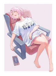  1girl barefoot dropped_object fingernails game_over handheld_game_console highres nijisanji nintendo_switch on_chair pink_hair sean_uc8 shiina_yuika shirt sleeping virtual_youtuber white_shirt 