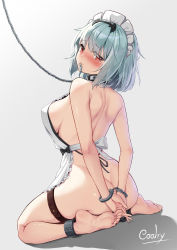 1girl apron aqua_hair arms_behind_back ass bdsm black_bow blush bondage bound bound_ankles bound_wrists bow breasts chain character_request collar coolry crying crying_with_eyes_open from_behind full_body gradient_background hair_ornament highres key large_breasts leash looking_at_viewer looking_back maid maid_apron maid_headdress medium_hair mouth_hold naked_apron phantasy_star phantasy_star_online_2 red_eyes resolution_mismatch seiza sideboob signature sitting skindentation slave soles solo source_larger tears thigh_strap toes rating:Questionable score:79 user:danbooru