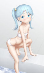  1girl absurdres arm_support bare_legs bare_shoulders barefoot bikini blue_eyes blue_hair breasts closed_mouth collarbone feet female_focus hair_bobbles hair_ornament highres looking_at_viewer medium_hair original paid_reward_available sc_naru small_breasts solo strapless strapless_bikini swimsuit thighs tiptoes toes twintails water white_bikini 