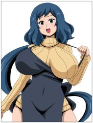 10s 1girl apron blue_hair blush breasts green_eyes gundam gundam_build_fighters huge_breasts iori_rinko jpeg_artifacts koutarosu large_breasts long_hair looking_at_viewer mature_female no_pants open_mouth ponytail ribbed_sweater simple_background smile solo sweater turtleneck white_background rating:Sensitive score:38 user:danbooru