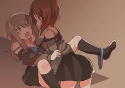 10s 2girls black_legwear black_skirt blue_bra blue_eyes blush bra breasts brown_eyes brown_hair cleavage clothes_pull commentary constricted_pupils dress_shirt fang finger_in_another&#039;s_mouth frown girls_und_panzer grey_shirt highres imminent_rape itsumi_erika kneeling kuromorimine_school_uniform leaning_forward long_hair long_sleeves looking_at_another lying medium_breasts miluke miniskirt multiple_girls nishizumi_miho no_shoes off_shoulder on_back open_clothes open_mouth open_shirt panties panties_around_leg pink_bra pleated_skirt saliva school_uniform shirt shirt_pull short_hair silver_hair skirt smile socks straddling strap_slip sweat tearing_up underwear yuri rating:Questionable score:29 user:danbooru