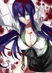  1girl :p :q bad_id bad_pixiv_id blood blood_stain blue_eyes bow breasts busujima_saeko cleavage collarbone covered_erect_nipples downblouse hanging_breasts highschool_of_the_dead hullabaloo large_breasts leaning_forward legs licking_lips long_hair looking_at_viewer purple_hair school_uniform side_slit skirt solo thighs tongue tongue_out very_long_hair  rating:Sensitive score:81 user:danbooru