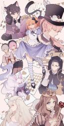  4boys 4girls :o absurdres ahoge alice_(alice_in_wonderland) alice_(alice_in_wonderland)_(cosplay) alice_in_wonderland animal_ears animal_hands antenna_hair black_capelet black_hair black_hat black_shorts blue_dress blue_eyes braid brown_hair cape capelet cat_ears cat_paw cat_tail caterpillar_(alice_in_wonderland) caterpillar_(alice_in_wonderland)_(cosplay) cheshire_cat_(alice_in_wonderland) cheshire_cat_(alice_in_wonderland)_(cosplay) closed_mouth commentary cosplay creature crossover crown dress dullnoko english_commentary fake_animal_ears fate/grand_order fate_(series) formal fou_(fate) fujimaru_ritsuka_(female) fujimaru_ritsuka_(male) fur-trimmed_cape fur_trim galahad_(fate) hair_over_one_eye hairband hat highres holding holding_staff hood hood_up hooded_capelet leonardo_da_vinci_(fate) long_sleeves looking_at_viewer mad_hatter_(alice_in_wonderland) mad_hatter_(alice_in_wonderland)_(cosplay) mash_kyrielight multiple_boys multiple_girls off_shoulder olga_marie_animusphere one_eye_covered open_mouth orange_eyes orange_hair pantyhose pink_cape pink_dress pink_eyes pink_hair ponytail profile puffy_short_sleeves puffy_sleeves purple_suit queen_of_hearts_(alice_in_wonderland) queen_of_hearts_(alice_in_wonderland)_(cosplay) romani_archaman sailor_collar sherlock_holmes_(fate) short_hair short_sleeves shorts side_braid side_ponytail smile staff striped_clothes striped_pantyhose suit tail top_hat tweedledee_(alice_in_wonderland) tweedledee_(alice_in_wonderland)_(cosplay) tweedledum_(alice_in_wonderland) tweedledum_(alice_in_wonderland)_(cosplay) white_hair white_hairband white_queen white_queen_(cosplay) white_rabbit_(alice_in_wonderland) white_rabbit_(alice_in_wonderland)_(cosplay) white_sailor_collar yellow_eyes 