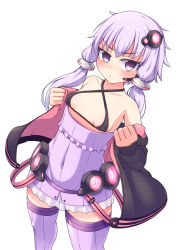  &gt;:&lt; :&lt; bare_shoulders bikini bikini_top_only black_jacket blush breasts closed_mouth clothes_pull collarbone covered_navel dress dress_pull eyelashes feet_out_of_frame flipped_hair hair_between_eyes headgear highres holding holding_clothes jacket legs_apart long_hair looking_at_viewer looking_up low_twintails off_shoulder open_clothes open_jacket purple_dress purple_eyes purple_hair purple_thighhighs sabfish1229 short_dress sleeveless sleeveless_dress small_breasts standing striped striped_dress striped_thighhighs swimsuit thighhighs twintails v-shaped_eyebrows vertical-striped_dress vertical-striped_thighhighs vertical_stripes vocaloid yuzuki_yukari zettai_ryouiki 