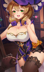  1girl aurora_rokudo bare_arms black_gloves black_thighhighs blurry blurry_foreground blush bookshelf breasts collarbone commentary dress flower genshin_impact gloves green_eyes hair_between_eyes hair_flower hair_ornament hand_up hat heart heavy_breathing highres indoors large_breasts light_brown_hair lisa_(genshin_impact) long_hair looking_at_viewer open_mouth outstretched_arm pov pov_hands purple_flower purple_headwear purple_rose rose solo_focus standing teeth thighhighs thighs tongue upper_teeth_only witch_hat yellow_flower  rating:Sensitive score:34 user:danbooru