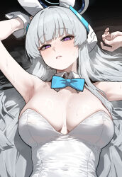  1girl animal_ears armpits arms_up bare_shoulders blue_archive blush breasts buttons commentary detached_collar double-breasted fake_animal_ears halo headgear highres large_breasts leotard looking_at_viewer noa_(blue_archive) parted_lips playboy_bunny purple_eyes rabbit_ears semu_(zgom1251129) solo strapless strapless_leotard upper_body white_halo white_leotard white_wrist_cuffs wrist_cuffs  rating:Sensitive score:22 user:danbooru