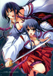  2girls absurdres blue_hair breasts cleavage highres japanese_clothes large_breasts long_hair looking_at_viewer magatama miko multiple_girls open_mouth sword tentacles tomose_shunsaku torn_clothes weapon  rating:Questionable score:8 user:danbooru