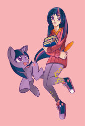 @venturer.com book leggings long_hair multicolored_hair my_little_pony my_little_pony:_friendship_is_magic personification purple_eyes purple_hair quill shoes sneakers sweater twilight_sparkle wong_ying_chee rating:Sensitive score:7 user:danbooru