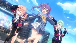  22/7 22/7_ongaku_no_jikan 3girls ahoge asymmetrical_legwear black_thighhighs blue_eyes blue_sky bow bracelet braid choker closed_mouth concert dress dutch_angle fang fumino_miko game_cg green_hair hair_between_eyes hair_bow hair_ornament hairclip hand_on_own_head highres holding holding_microphone hood hoodie idol idol_clothes index_finger_raised jacket jewelry kimijima_nana leg_up lens_flare long_sleeves looking_at_viewer microphone multicolored_hair multiple_girls non-web_source official_art one_eye_closed open_clothes open_jacket open_mouth orange_hair outdoors outstretched_arm pink_eyes pink_hair purple_eyes purple_hair screen_zoom short_hair sidelocks single_braid single_sidelock sky smile sparkle standing standing_on_one_leg thighhighs tojo_yuki twintails two-tone_hair uneven_legwear 