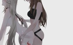 2girls baconontheclock beidou_(genshin_impact) blush breasts brown_hair dildo doggystyle electricity femdom from_side genshin_impact grey_hair head_out_of_frame highres holding holding_leash large_breasts leash leg_tattoo long_hair multiple_girls ningguang_(genshin_impact) nude open_mouth pussy_juice sex sex_from_behind sex_toy simple_background strap-on tattoo trembling white_background x-ray yuri rating:Explicit score:258 user:danbooru