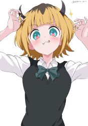  1girl :3 :q absurdres aqua_bow aqua_bowtie aqua_eyes black_sweater_vest blonde_hair blue_eyes blunt_bangs blush bow bowtie brown_hair closed_mouth collared_shirt demon_horns fake_horns fang twirling_hair hands_up highres horns long_sleeves looking_at_viewer mem-cho multicolored_hair oshi_no_ko raised_eyebrow roots_(hair) shirt short_hair simple_background smile solo sweater_vest tongue tongue_out twitter_username upper_body white_background white_gorilla_(okamoto) white_shirt  rating:General score:15 user:danbooru
