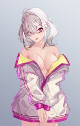 1girl ahoge bare_shoulders blunt_bangs breasts collarbone cross_print expressionless eyes_visible_through_hair gradient_background grey_background grey_hair gurumyuu hair_ornament hair_over_one_eye hairclip highres jacket large_breasts long_sleeves mole mole_under_eye multicolored_clothes multicolored_jacket naked_jacket nijisanji own_hands_together partially_unzipped pink_eyes pink_jacket solo sukoya_kana thighs tongue tongue_out twintails two-sided_fabric two-sided_jacket v_arms virtual_youtuber white_jacket x_hair_ornament yellow_jacket 