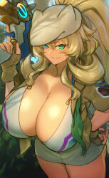  1girl absurdres barghest_(fate) barghest_(swimsuit_archer)_(fate) barghest_(swimsuit_archer)_(first_ascension)_(fate) bikini blonde_hair blue_eyes breasts cleavage fate/grand_order fate_(series) fingerless_gloves gloves green_eyes green_neckerchief grey_hat grey_skirt gun hand_on_own_hip hat heterochromia high_ponytail highres holding holding_gun holding_weapon huge_breasts lc_butter long_hair looking_at_viewer multicolored_bikini multicolored_clothes multicolored_eyes neckerchief pencil_skirt red_eyes scout_uniform shirt sidelocks skirt solo swimsuit thick_thighs thighs undone_neckerchief weapon white_bikini yellow_gloves yellow_shirt  rating:Sensitive score:11 user:danbooru