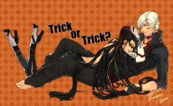 1boy 1girl argyle argyle_background argyle_clothes bayonetta bayonetta_(series) black_hair capcom character_name couple creator_connection crossover dante_(devil_may_cry) devil_may_cry_(series) glasses halloween high_heels hiryuu lipstick long_hair makeup shoes short_hair smile trick_or_treat very_long_hair white_hair rating:Sensitive score:29 user:danbooru