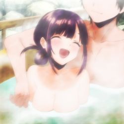 1boy 1girl blush breasts brown_hair closed_eyes collarbone faceless faceless_male girls_rush kurahashi_tokiko large_breasts nude open_mouth partially_submerged screencap smile stitched third-party_edit water rating:Questionable score:16 user:PuttHutt