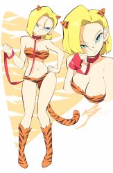  1girl aetherion alternate_costume android_18 animal_print bikini blonde_hair blue_eyes boots breasts collar dragon_ball dragonball_z earrings embarrassed full_body hand_on_own_hip highres horns jewelry leash looking_at_viewer medium_breasts navel short_hair simple_background solo standing strapless strapless_bikini swimsuit tail tiger_print tiger_tail  rating:Sensitive score:28 user:danbooru