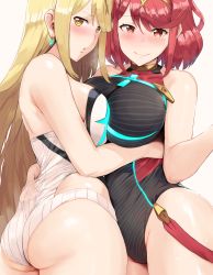 2girls ass black_one-piece_swimsuit blonde_hair breasts cleavage competition_swimsuit covered_collarbone covered_navel earrings hand_under_clothes headpiece hews highres hip_focus jewelry large_breasts long_hair multiple_girls mythra_(radiant_beach)_(xenoblade) mythra_(xenoblade) nintendo one-piece_swimsuit pyra_(pro_swimmer)_(xenoblade) pyra_(xenoblade) red_eyes red_hair red_one-piece_swimsuit selfcest short_hair sidelocks simple_background swept_bangs swimsuit tiara two-tone_swimsuit very_long_hair white_background white_one-piece_swimsuit xenoblade_chronicles_(series) xenoblade_chronicles_2 yellow_eyes yuri rating:Sensitive score:188 user:danbooru