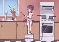  1girl absurdres apron ass back bags_under_eyes bare_legs barefoot bow chain chained cuffs eyebrows fallenshadow female_focus flat_chest from_behind full_body hair_bow hair_ornament highres huge_filesize indie_virtual_youtuber indoors kiirokuma kitchen kitchen_knife legs loli looking_at_viewer looking_back medium_hair naked_apron open_mouth oven pink_apron pink_bow plant potted_plant purple_eyes purple_hair shackles sidelocks sink slave smile soap soap_bottle soap_bubbles solo standing stove teeth thigh_gap tomato upper_teeth_only virtual_youtuber wrist_cuffs  rating:Questionable score:238 user:danbooru