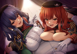 1boy 2girls :d :q absurdres aiguillette ass_grab azur_lane beret black_headwear blush bra_visible_through_clothes breast_press breasts brown_eyes cape censored center_frills cleavage commander_(azur_lane) commentary_request cooperative_handjob cum curtains dress ejaculation epaulettes frills glansjob gloved_handjob gloves handjob hat heavy_breathing hetero highres huge_breasts indoors long_hair looking_at_viewer lower_teeth_only lying male_pubic_hair military military_uniform momo_no_sukebe mosaic_censoring multiple_girls naughty_face naval_uniform on_back open_mouth orgasm_denial penis pola_(azur_lane) pov pubic_hair purple_hair red_eyes red_hair sidelocks skindentation smile smirk taut_clothes taut_dress teeth tongue tongue_out twintails underwear uniform white_gloves zara_(azur_lane) rating:Explicit score:126 user:danbooru