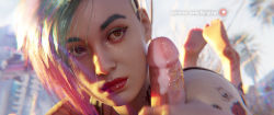  1boy 1girl 3d bulgingsenpai closed_mouth cum cyberpunk cyberpunk_(series) cyberpunk_2077 eye_contact hetero highres judy_alvarez lips looking_at_another looking_at_viewer makeup penis_on_face pov solo_focus tagme uncensored  rating:Explicit score:136 user:pixiemixie2020