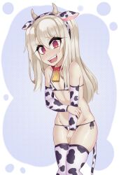  1girl @_@ alternate_costume animal_ears animal_print between_legs bikini black_bikini black_sleeves black_thighhighs blonde_hair blue_background blush collar covering_privates cow_print detached_sleeves dot_nose embarrassed eyebrows eyelashes fake_animal_ears fake_horns fake_tail fangs fate/kaleid_liner_prisma_illya fate_(series) feet_out_of_frame female_focus flat_chest hand_between_legs hand_on_another&#039;s_arm highres horns illyasviel_von_einzbern loli long_hair looking_at_viewer neck_bell nervous nervous_smile nose_blush open_mouth print_bikini print_sleeves print_thighhighs red_eyes side-tie_bikini_bottom simple_background smile solo standing swimsuit tail teeth thighhighs tongue two-tone_background two-tone_bikini two-tone_sleeves two-tone_thighhighs wavy_mouth white_background white_bikini white_sleeves white_thighhighs young_savage 