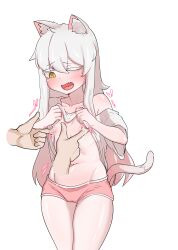  1boy 1girl absurdres animal_ear_fluff animal_ears blush breasts brown_eyes cat_ears cat_girl cat_tail clothes_lift disembodied_limb fang gluteal_fold groin highres komi_(trickcal) lactation lifted_by_self loli long_hair navel nipple_stimulation nipple_tweak nipples off_shoulder one_eye_closed open_mouth pink_shorts poking_nipple samus123 shirt shirt_lift short_shorts short_sleeves shorts small_breasts stomach tail thighs trickcal white_hair white_shirt 