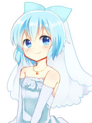  1girl alternate_costume bare_shoulders blue_eyes blue_hair blush bow bridal_veil bride cirno dress elbow_gloves gloves hair_bow jewelry looking_at_viewer matching_hair/eyes necklace ochazuke short_hair simple_background smile solo touhou upper_body veil wedding_dress white_background  rating:Sensitive score:21 user:danbooru