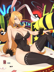  1girl alternate_costume animal_ears barleyshake black_leotard black_thighhighs blonde_hair bow bowtie breasts card casino cleavage closed_mouth covered_navel creatures_(company) cynthia_(pokemon) detached_collar fake_animal_ears fur_cuffs game_freak grey_eyes hair_ornament hand_on_own_knee highres knee_up large_breasts leotard looking_at_viewer nintendo playboy_bunny playing_card poke_ball poke_ball_(basic) pokemon pokemon_dppt poker_chip rabbit_ears roulette_table sitting smile solo table thighhighs yellow_bow yellow_bowtie  rating:Questionable score:83 user:DarkToonLink