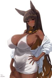  1girl absurdres animal_ears armpits bare_shoulders blunt_bangs blush breasts brown_eyes brown_hair cleavage colored_inner_hair commission covered_erect_nipples covered_navel cowboy_shot curvy dark-skinned_female dark_skin dress eyelashes hand_on_own_hip hand_on_own_thigh highres huge_breasts jacket jacket_partially_removed jewelry large_breasts lips long_hair looking_at_viewer multicolored_hair neck_ring off_shoulder open_clothes open_jacket original parted_lips red_eyes short_dress short_eyebrows simple_background smile solo straight_hair strap_gap thick_eyebrows tight_clothes tight_dress very_long_hair white_background white_dress white_jacket yan.c  rating:Sensitive score:46 user:Sir_Cumalot