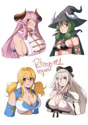  4girls absurdres bare_shoulders black_hat blonde_hair blue_eyes breasts cleavage commentary cropped_torso deliciousbrain detached_sleeves drag-on_dragoon drag-on_dragoon_3 fairy_tail granblue_fantasy green_eyes green_hair hat highres horns horns_through_headwear large_breasts long_hair looking_at_viewer lucy_heartfilia medium_breasts multiple_girls narmaya_(granblue_fantasy) parted_lips pink_hair pointy_ears purple_eyes sideboob smile twintails unicorn_overlord very_long_hair white_hair witch_hat yahna_(unicorn_overlord) zero_(drag-on_dragoon) 