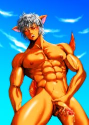  abs animal_ears highres male_focus muscular nipples nude penis silver_hair sweat tail testicles veins  rating:Explicit score:11 user:bunnyboy