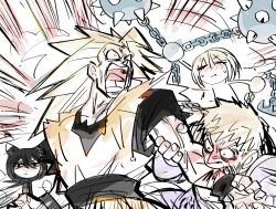2boys 2girls :t animal_ears armor biting black_hair blonde_hair cat_ears chain character_request closed_eyes constricted_pupils crossover dragonball_z fighting japanese_clothes multiple_boys multiple_girls muscular muscular_male open_mouth pain pointy_hair screaming short_hair shouting son_goku super_saiyan tongue weapon