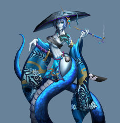 1girl absurdres bare_shoulders blue_eyes blue_skin breasts colored_skin fingernails hat highres japanese_clothes lamia long_fingernails looking_at_viewer medium_breasts monster_girl smoking_pipe sarashi short_hair slit_pupils sword tagme tail tattoo weapon rating:Questionable score:4 user:ohnononononono