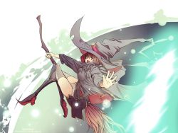  10s 1girl boom boots breasts brown_hair flying hat kagari_atsuko little_witch_academia looking_at_viewer midair open_mouth panties red_hair smile solo staff underwear white_panties witch_hat 
